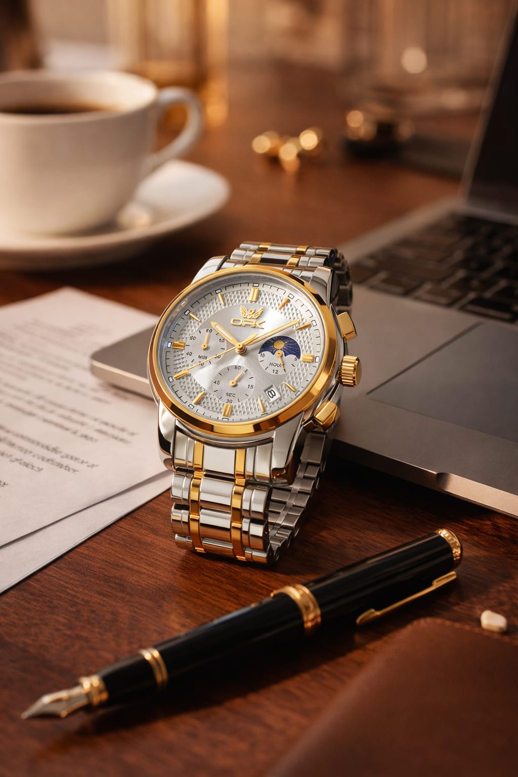 Relógio OPK Masculino Premium Dourado e Prateado – Elegância que Impõe Presença