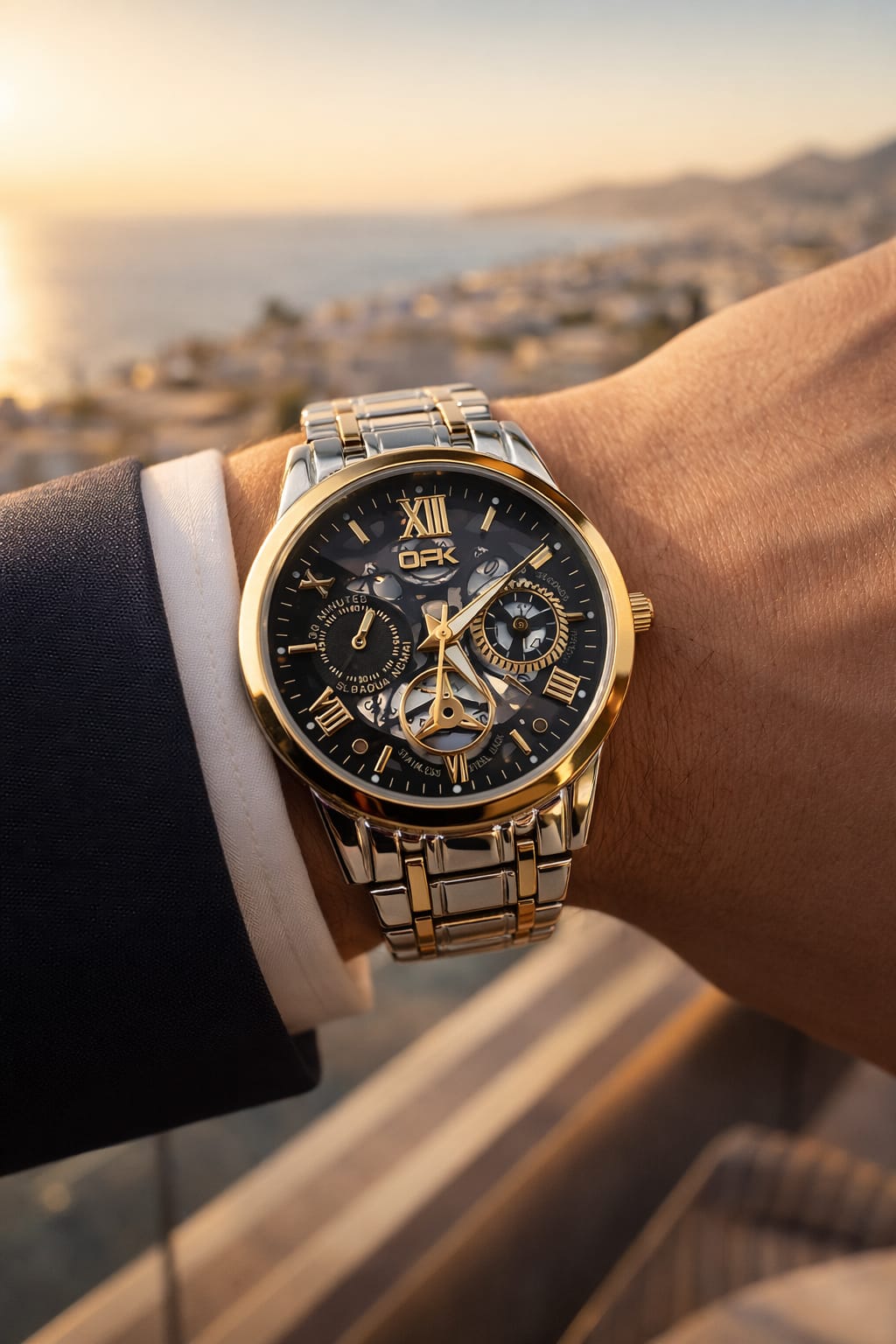 Relógio OPK Masculino Premium Dourado e Prateado – Presença que Fala Antes de Você.