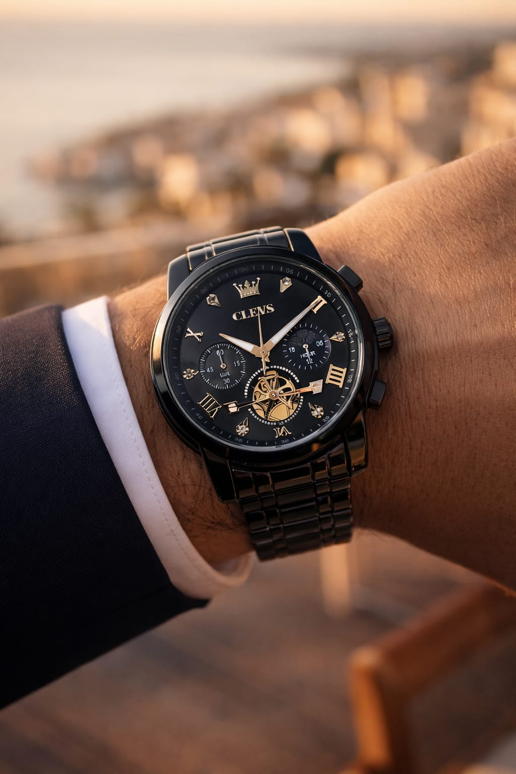 Relógio Olevs Masculino Premium Preto e Dourado – Sofisticação que Fala por Você