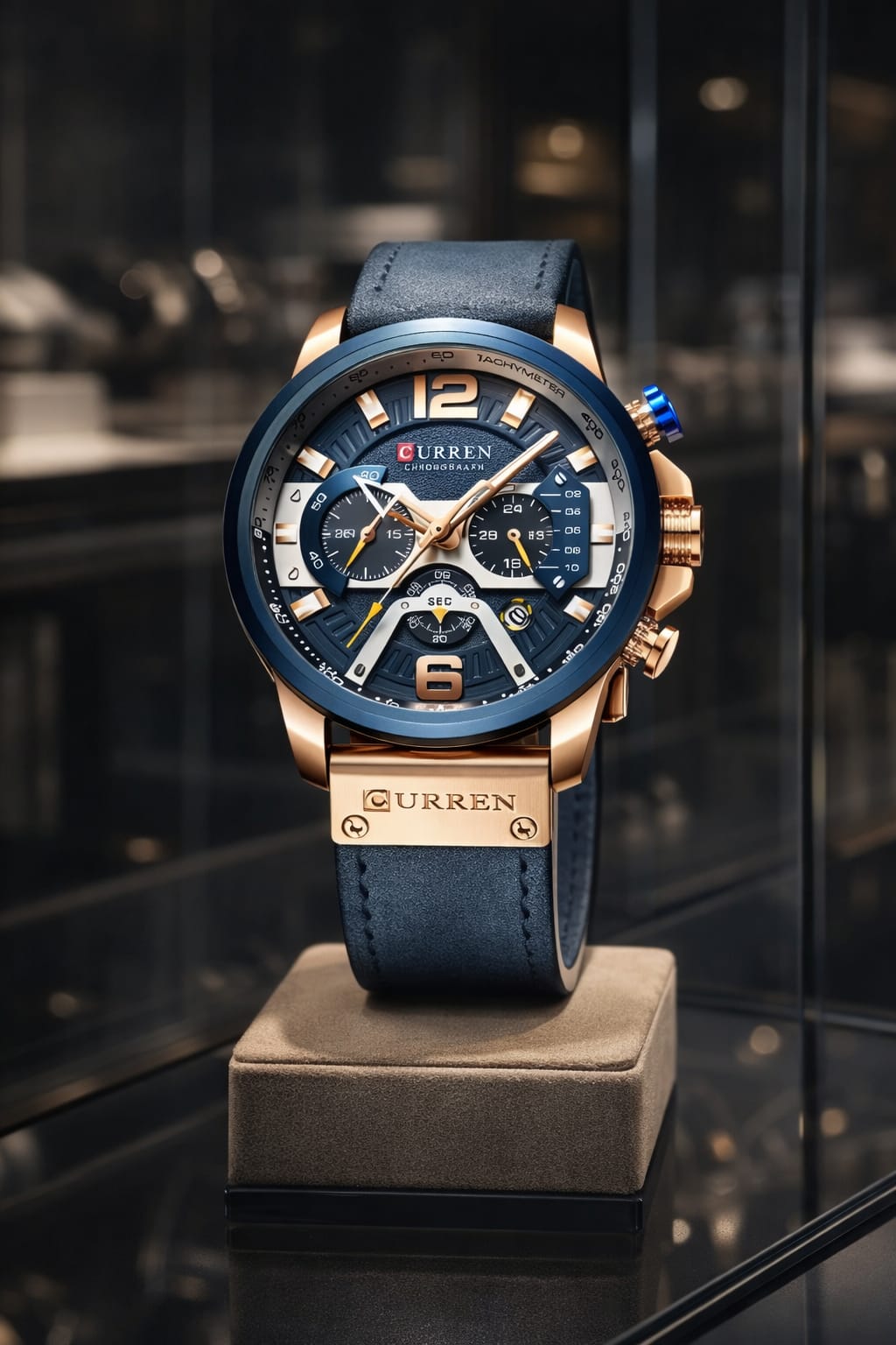 Relógio Curren Masculino Cronógrafo Azul e Dourado – Presença que Se Impõe