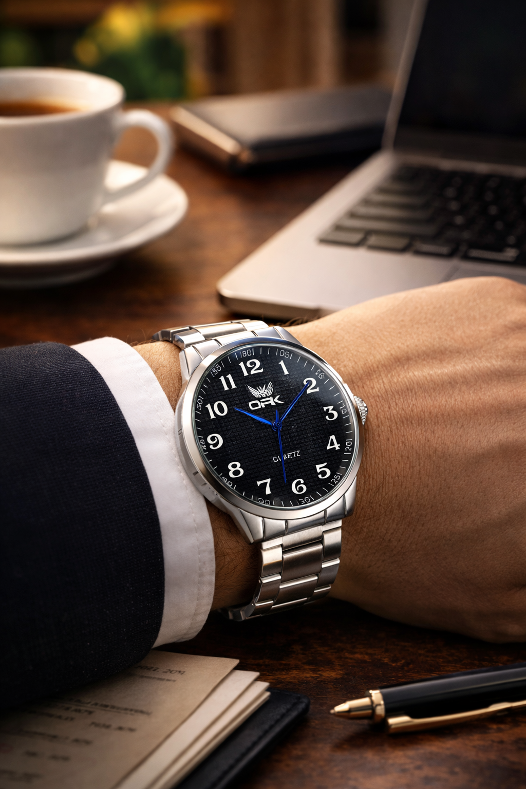 Relogio OPK masculino prateado com ponteiros azul. O Detalhe que Define sua Presença