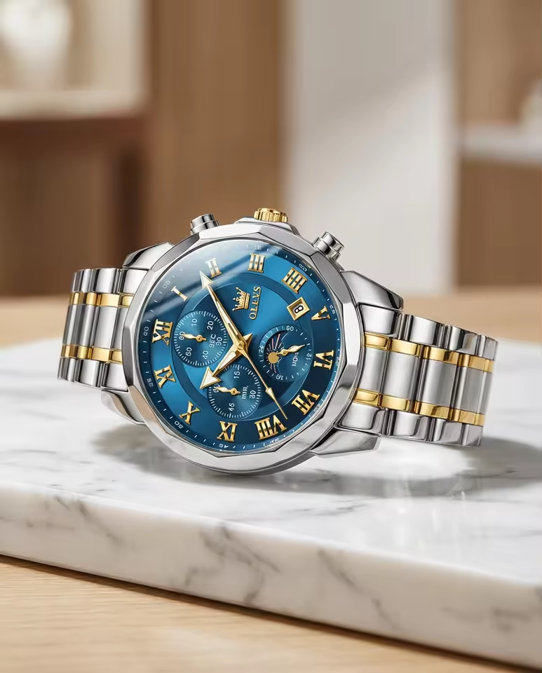 Relógio OPK masculino prata e dourado com mostrador azul
Sofisticação moderna, presença marcante e funcionalidade refinada.