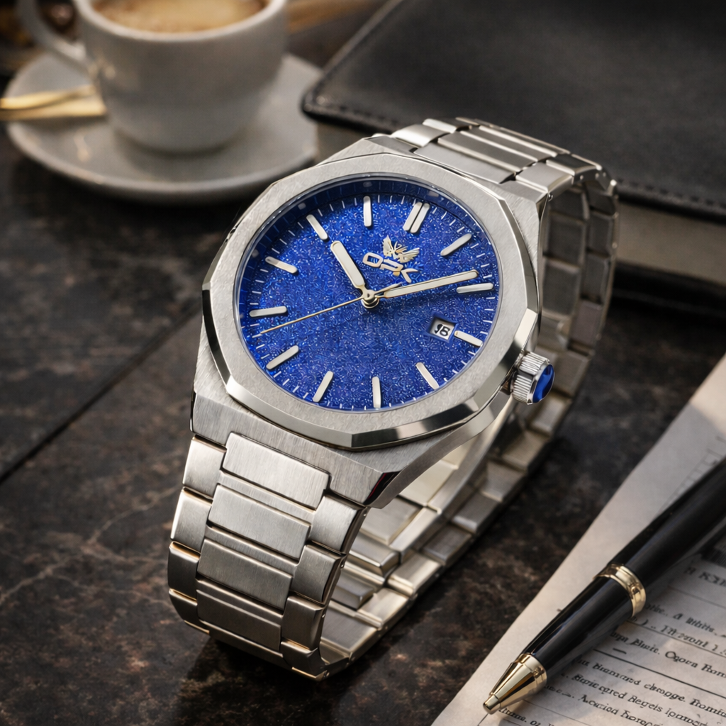 Relógio Olevs masculino azul texturizado em aço, sofisticação moderna com presença marcante