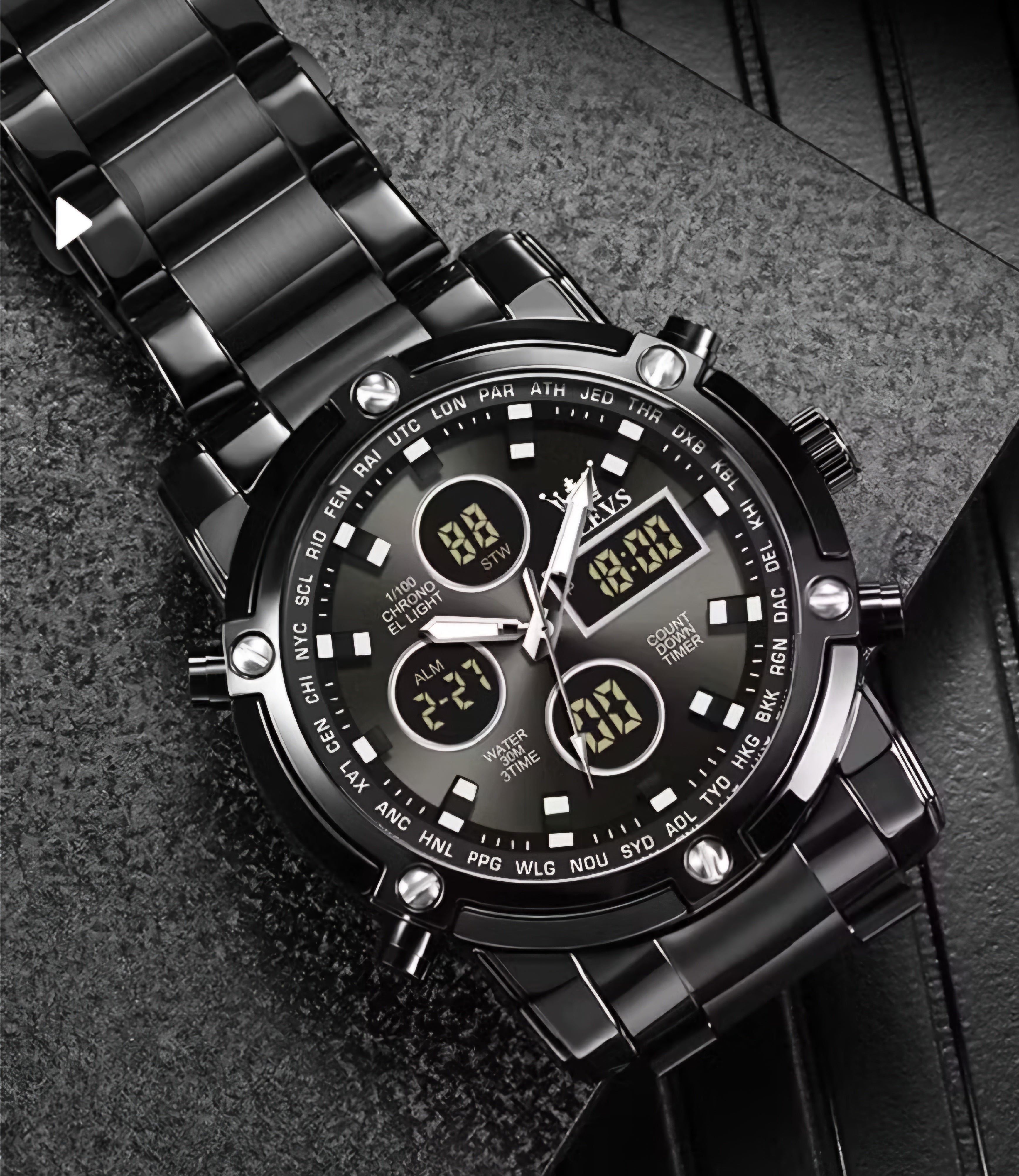 Relógio Olevs preto multifuncional
Potência, tecnologia e presença executiva em um só relógio