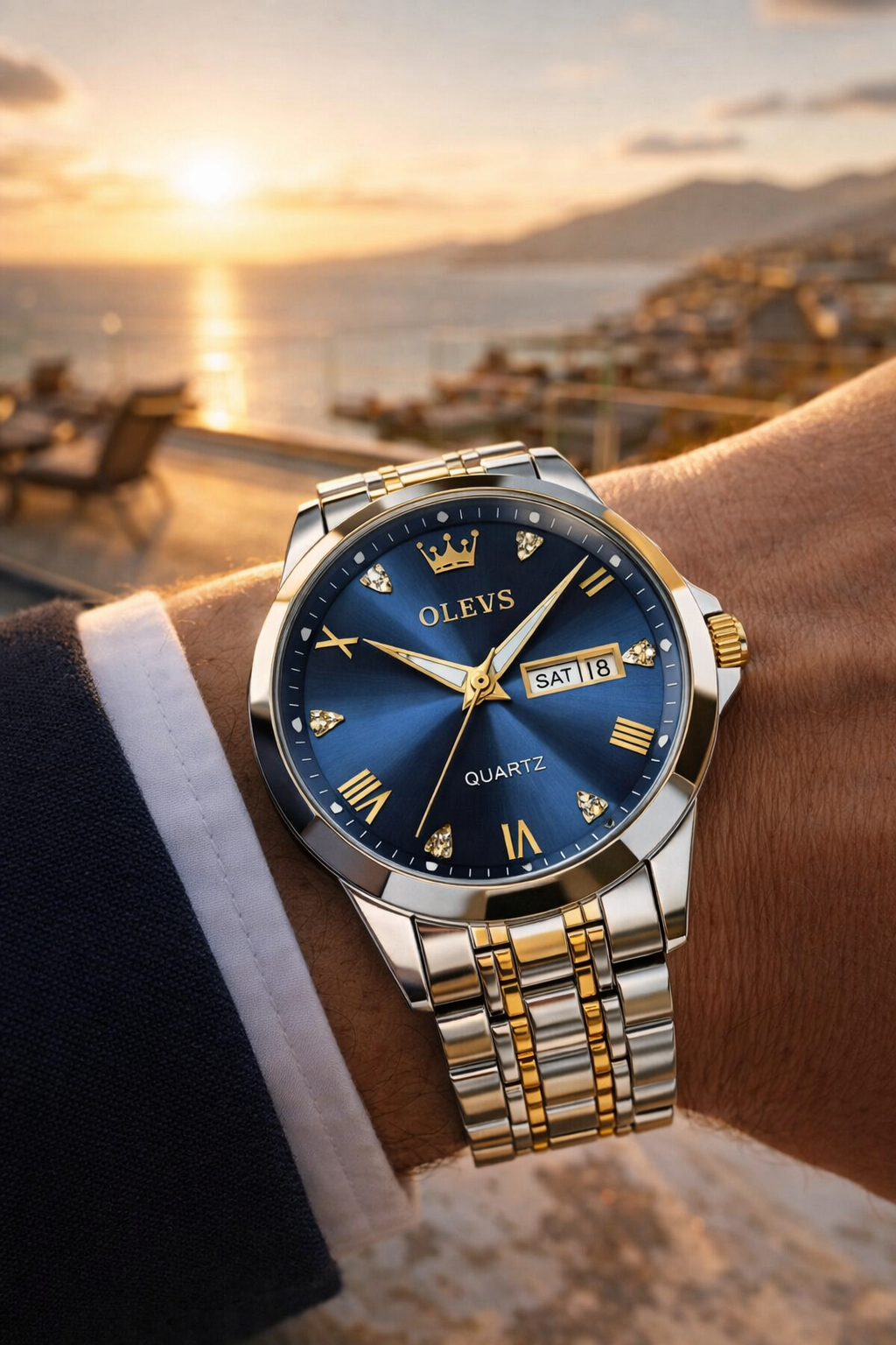 Relógio Olevs masculino dourado e prateado. Elegância executiva, presença marcante e sofisticação atemporal