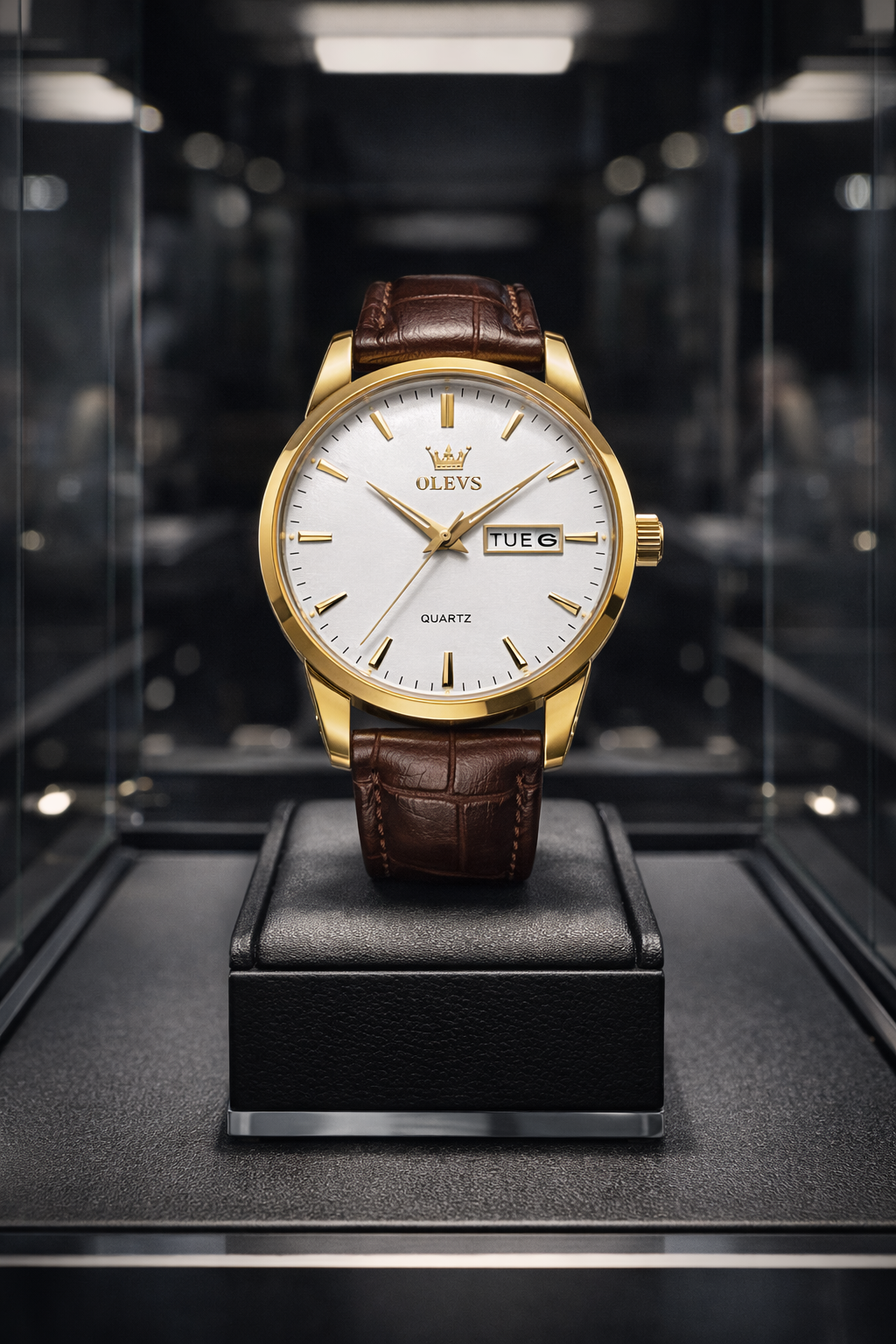 Relógio OLEVS masculino dourado. Elegância clássica, presença refinada e estilo executivo atemporal.