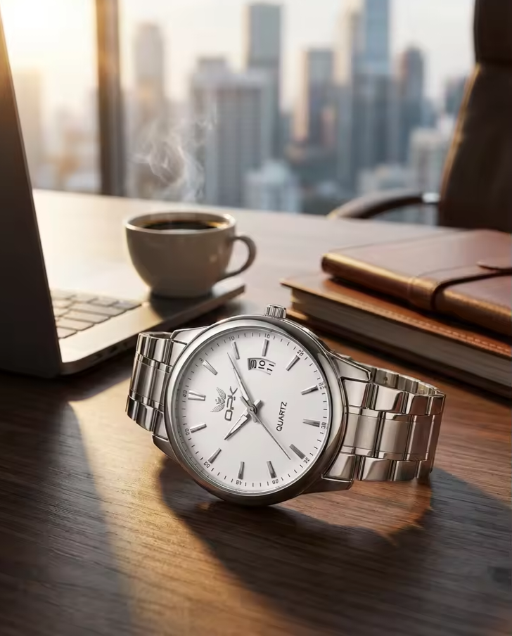 Relógio OPK masculino prata com mostrador branco
Elegância discreta, presença executiva e funcionalidade essencial