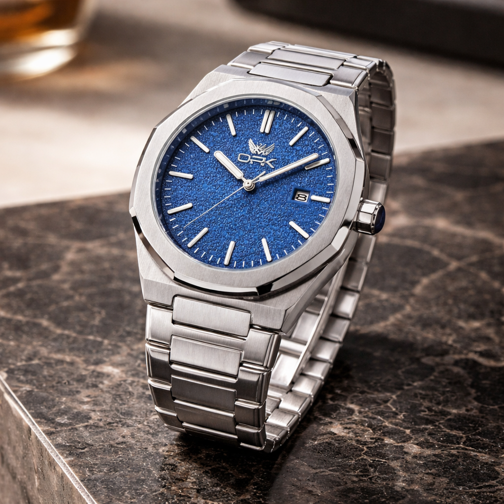 Relógio Olevs masculino azul texturizado em aço, sofisticação moderna com presença marcante