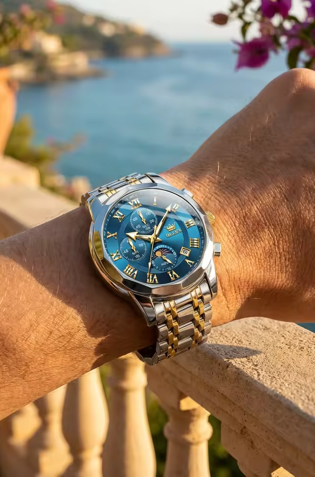 Relógio OPK masculino prata e dourado com mostrador azul
Sofisticação moderna, presença marcante e funcionalidade refinada.