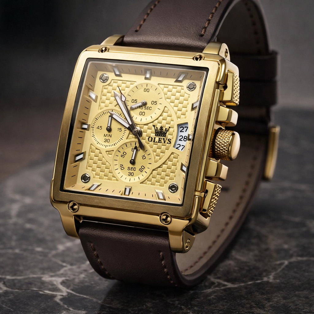Relógio Olevs masculino dourado quadrado com pulseira em couro
Elegância imponente com personalidade marcante