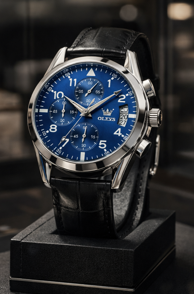 Relógio OLEVS masculino prateado com mostrador azul