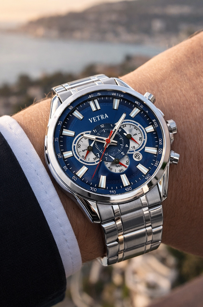 Relógio Vetra masculino azul cronógrafo em aço Inoxidável
Sofisticação esportiva com presença executiva