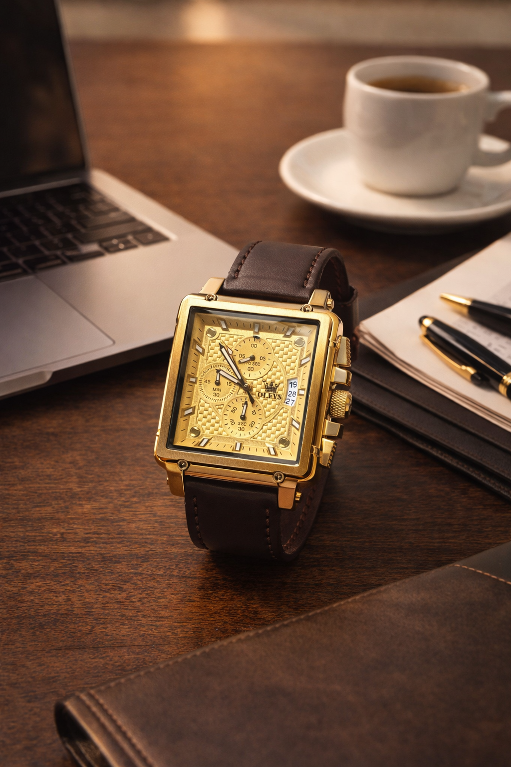 Relógio Olevs masculino dourado quadrado com pulseira em couro
Elegância imponente com personalidade marcante