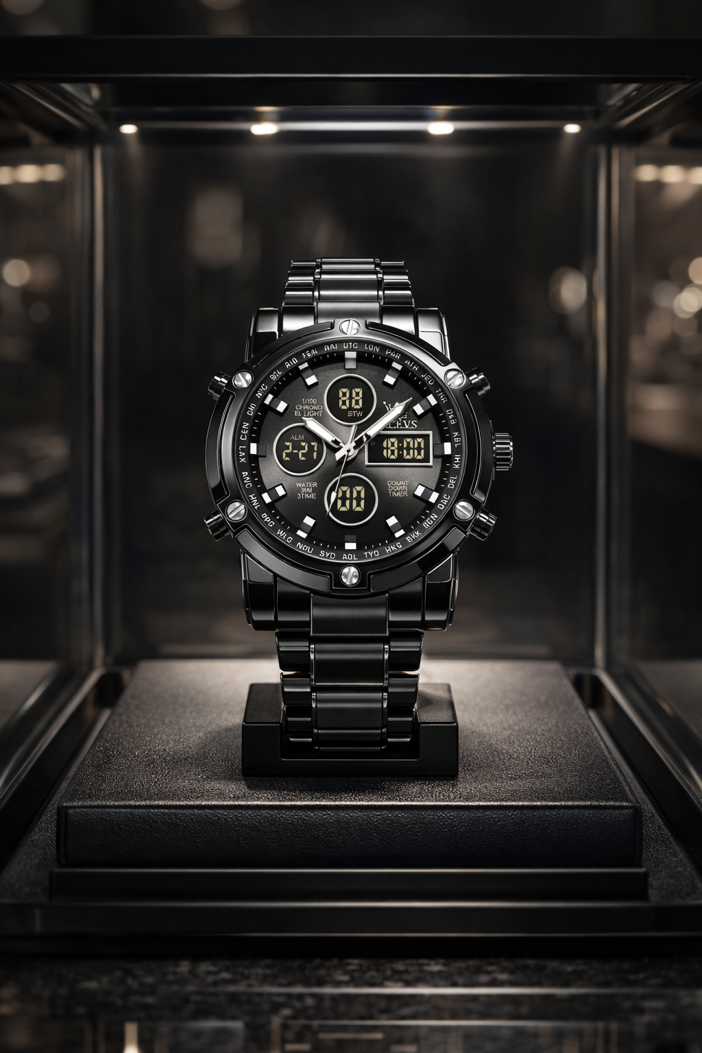 Relógio Olevs preto multifuncional
Potência, tecnologia e presença executiva em um só relógio