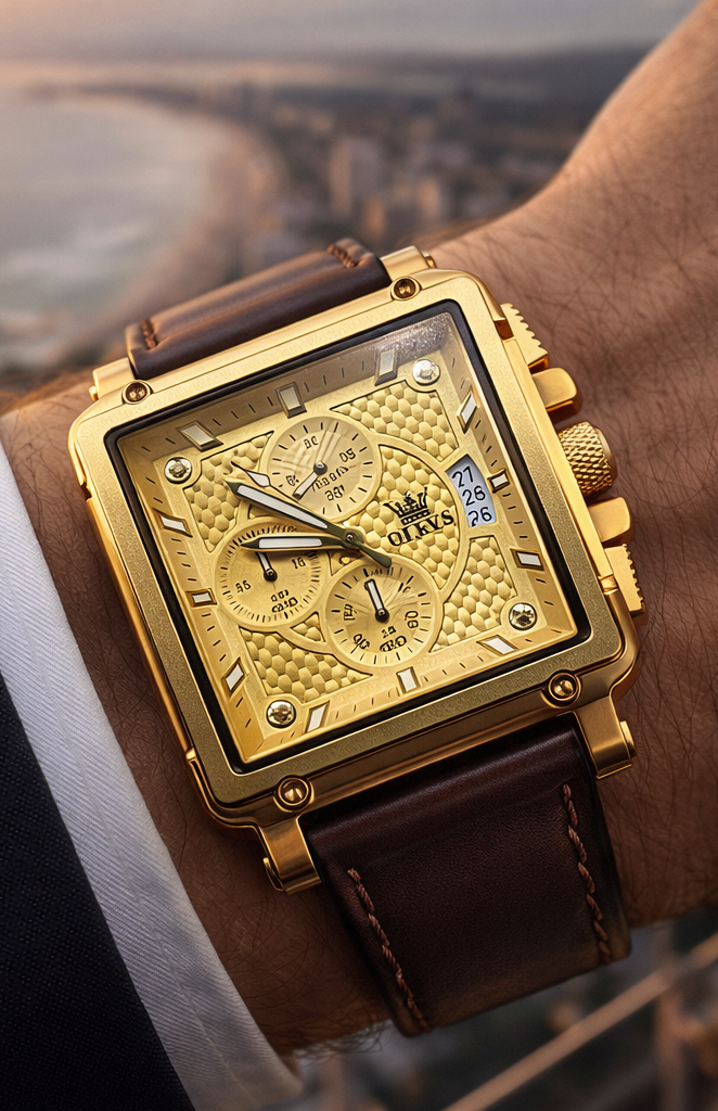 Relógio Olevs masculino dourado quadrado com pulseira em couro
Elegância imponente com personalidade marcante