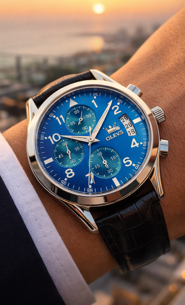 Relógio OLEVS masculino prateado com mostrador azul